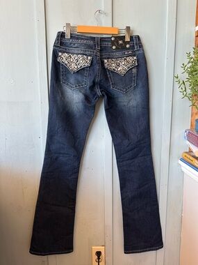 Miss Me Y2K Signature Dark Blue Boot Cut Low Rise Jeans with Embellished Pockets